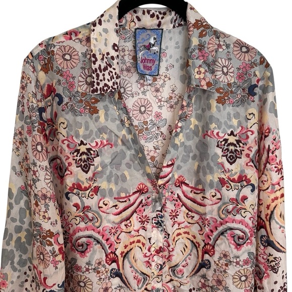 Johnny Was Jungle Paisley Rasvana 100% Silk Lightweight Button Blouse Size L - Picture 3 of 11